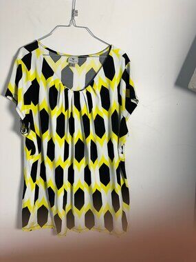 EUC Womens Worthington Woman 3X Yellow White Black Shirt Blouse Top EUC